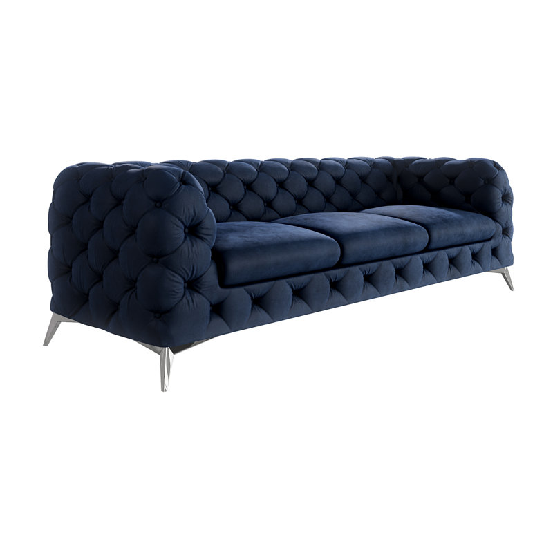 Chesterfield Sofa  3 Seater with Silver Metal Legs, Navy Blue
