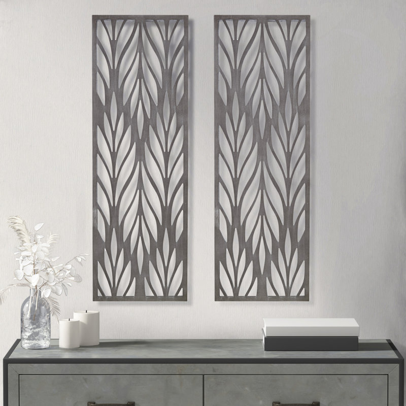 Florian Reclaimed Grey Laser Cut Plume 2-Piece Wood Wall Décor Set