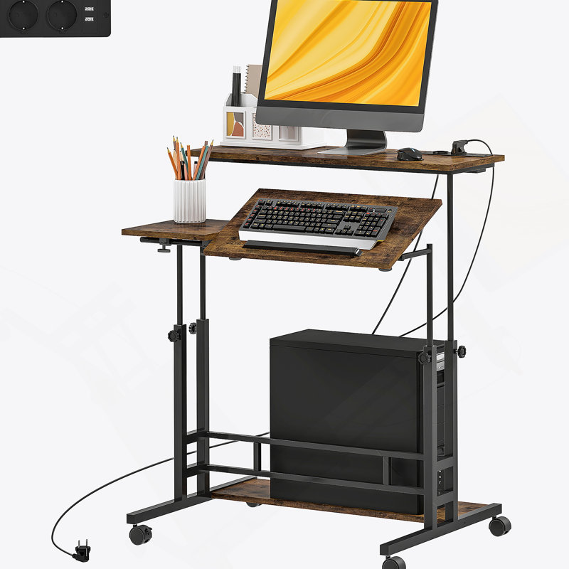 Bureau debout réglable avec plateau inclinable, station de charge intégrée et roues verrouillables pour une productivité et un confort accrus