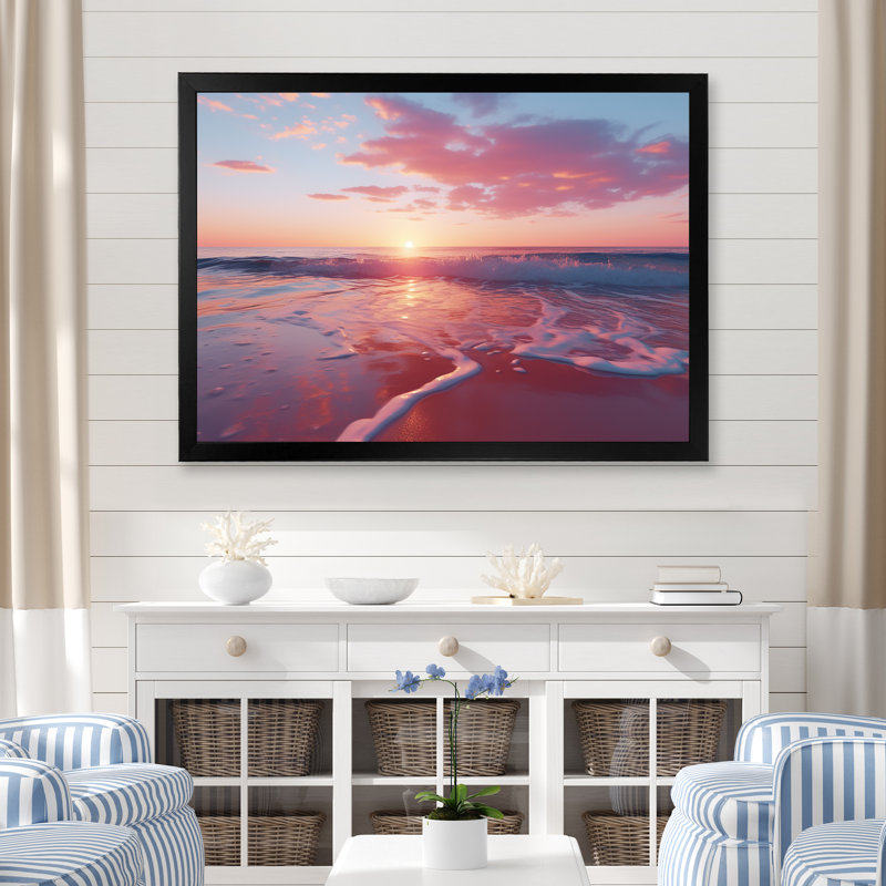 «Beach Cotton Candy Sunset Skies II» - art mural coucher de soleil côtier, Cadre d'angle fermé noir