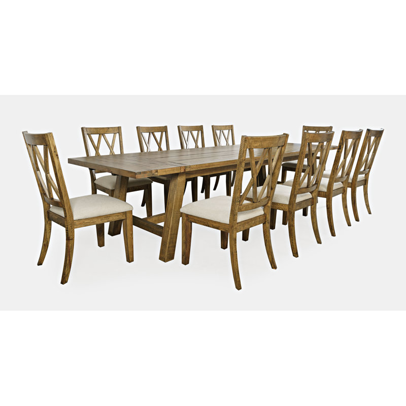 Fahrettin Extendable Pine Solid Wood Solid Wood Top Trestle Dining Set, Gold, 9 Pieces: Table, 8 Chairs