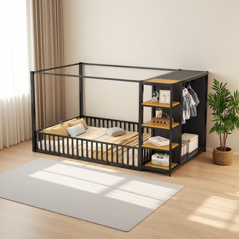 Structure de lit au sol avec garde-robe, lit au sol en métal avec tablettes de rangement, Double