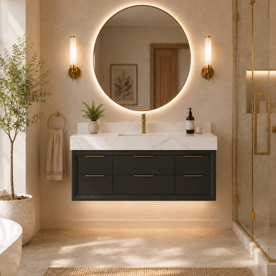 48" Wall-Mounted Single Bathroom Vanity With White Stone Countertop, LED Light & 6 Soft-Close Drawers, Pre-assembled
