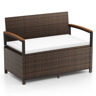 Banc de rangement extérieur avec dossier coussiné et accoudoirs en bois d'acacia