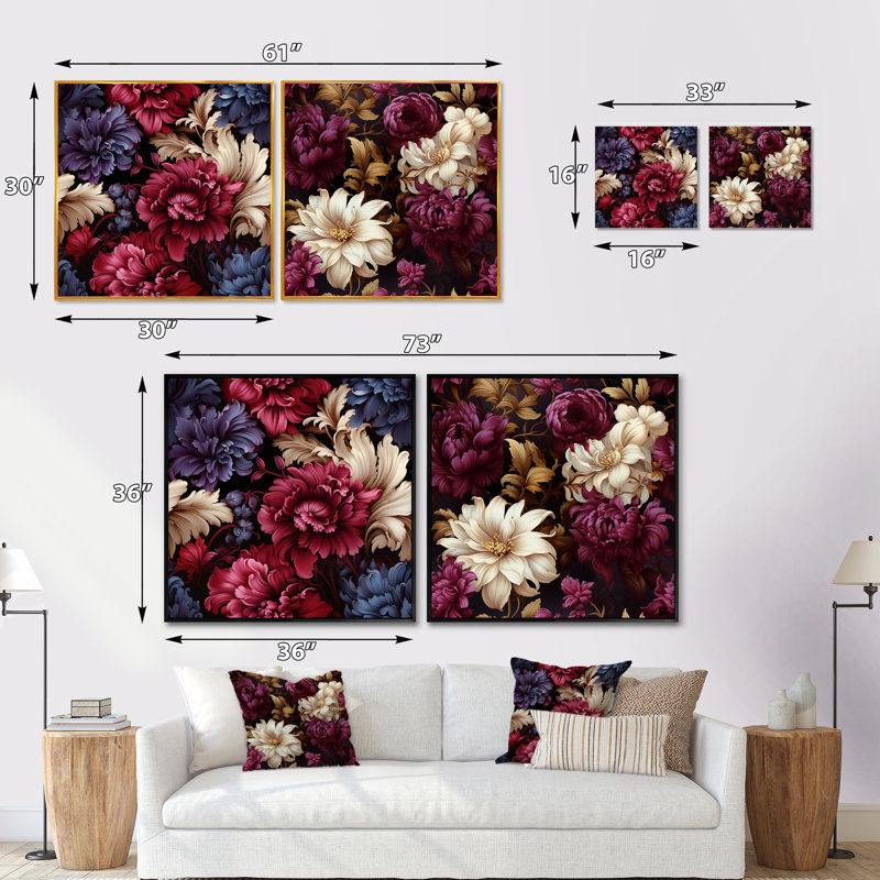 Laine - Ensemble de 2 collages floraux carrés, Cadre flottant doré, H 16 po x l 33 po