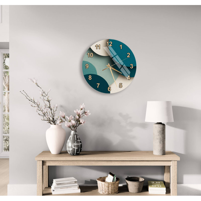 Horloge murale abstraite en verre trempé, décor d'art moderne beige sarcelle, grande montre minimaliste silencieuse pour le bureau, idée de cadeau unique de pendaison de crémaillère