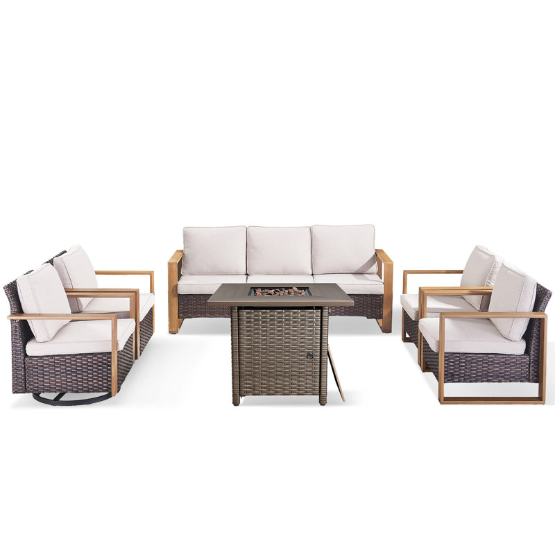Ensemble de conversation d'extérieur 6 pièces avec fauteuils pivotants et table de foyer carrée en osier pour 7 personnes avec fauteuils Palomares