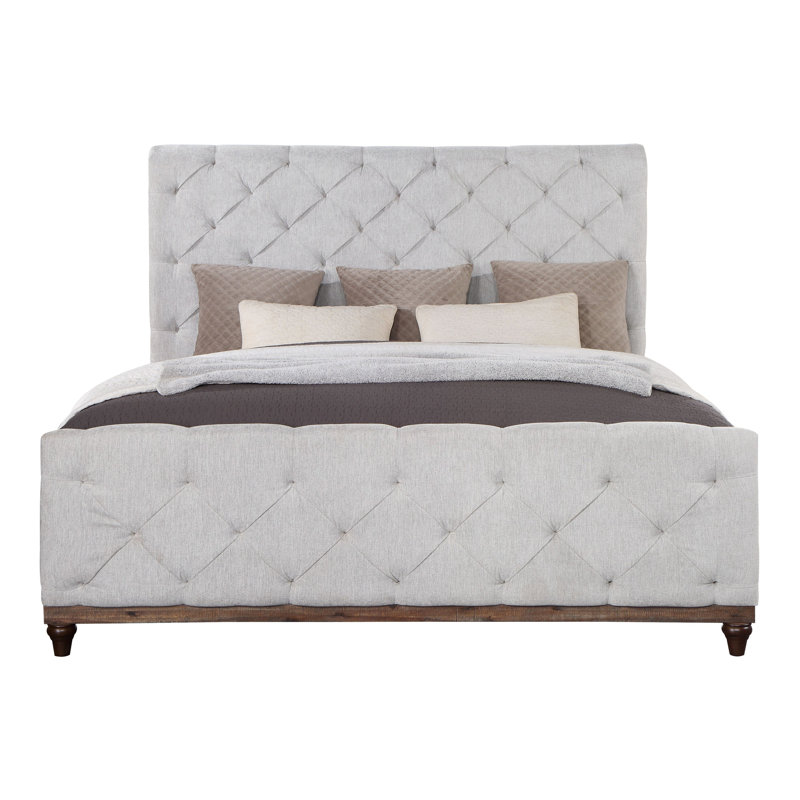 Gray Tufted Upholstered Queen Bed with Faux Leather and Wood Frame