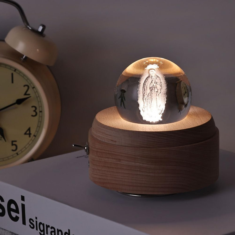 3D Rechargeable  Crystal Ball Music Box With Led Projection Light And Rotating Wooden Base, Creative Wooden Virgin Mary Crystal Ball Music Box, Suitable For Interior Religious Décor