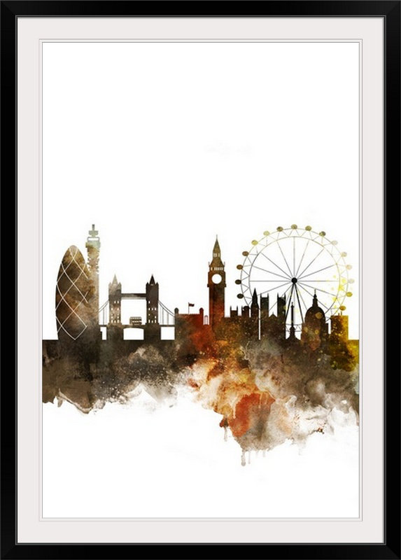 « london aquarelle cityscape », impression, H 44 po x l 32 po x P 1 po, Cadre noir