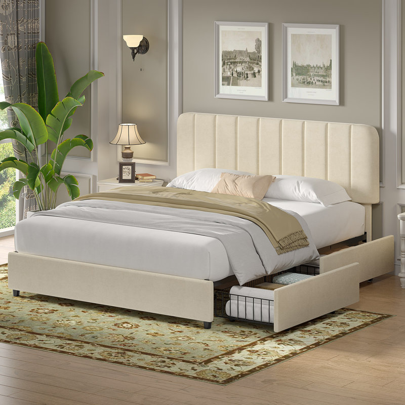 Double Size Upholstered Beds, Modern Platform Bed Frame With Adjustable Headboard And 4 Storage Drawers, Wooden Slats Support, No Box Spring Needed