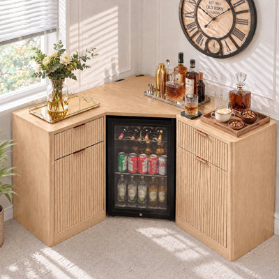 Armoire de bar en L en forme de L avec mini-réfrigérateur et prise de courant, station de café d'angle cannelée avec rangement