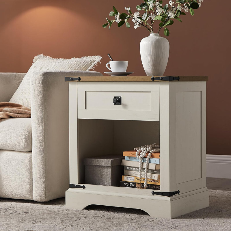 Table de chevet 24 po avec station de charge, table de chevet rustique en bois patiné avec tiroir et rangement ouvert 24 po