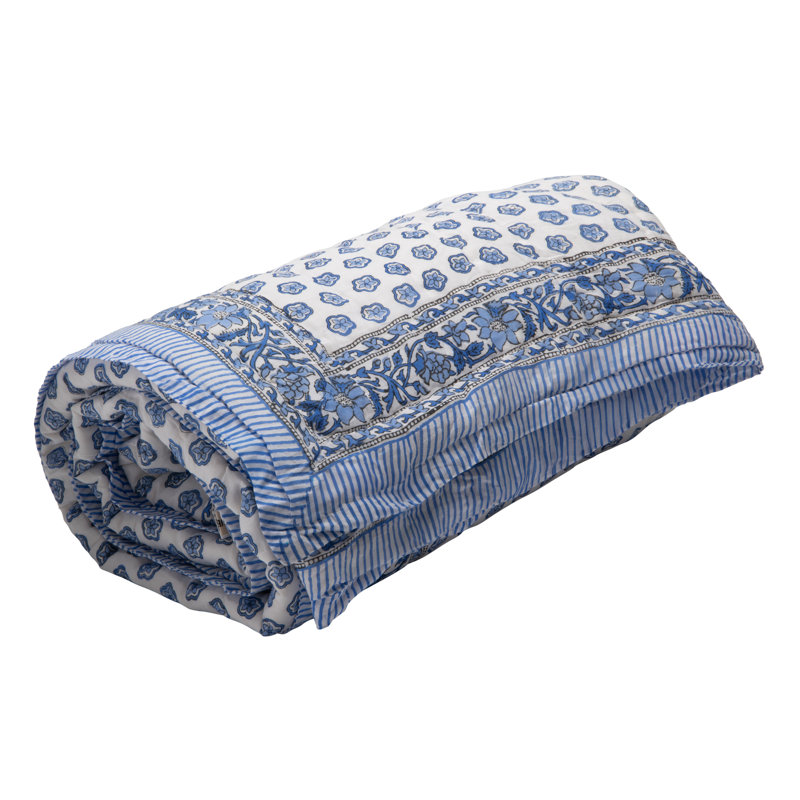 Hand Block Print Cotton Quilt and Bed Spread, Blue&White, King