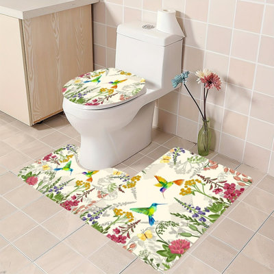 Collection de tapis de salle de bain à motif floral colibri 3 pièces beige