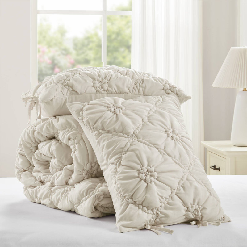 Ivory Microfiber Bedding Sets, Textured Floral Design For All Seasons