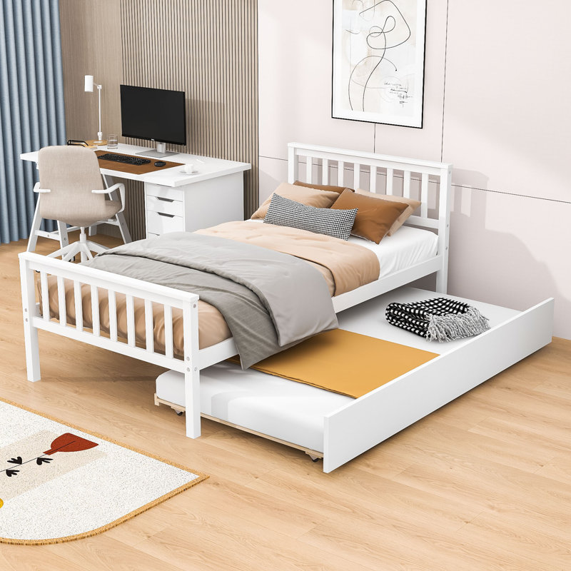 Lit plateforme simple en bois avec lit gigogne simple, Blanc