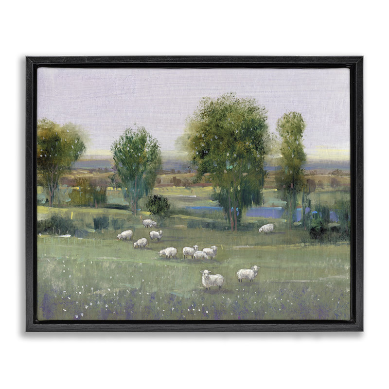 "Sheep in Pasture Overview", art mural par Tim Ottoole, Cadre flottant noir de jais, H 17 po x l 21 po