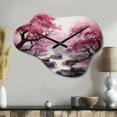 «Pink Trees Waterfall Endless Journey - Horloge asymétrique en métal, horloge murale rose