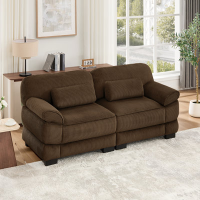 76.4"W Corduroy Upholstered Loveseat with Detachable Armrests and 2 Throw Pillows