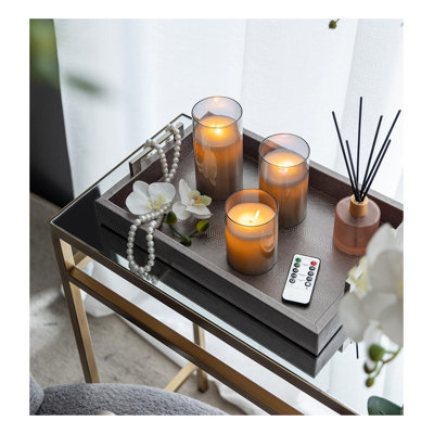Set of 3 Flameless LED Wax Candles in Smoke Grey Glass - 6" 5" 4" Pillars with Remote Timer