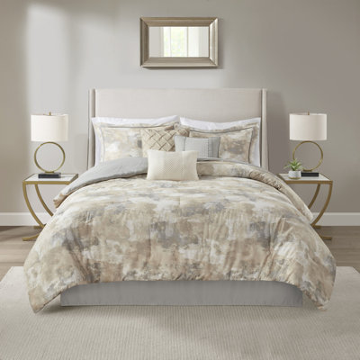 Édredon grand 7 pièces texturé - mélange de coton gris, taupe, crème, 2 taies décoratives, 3 coussins dans 1 édredon