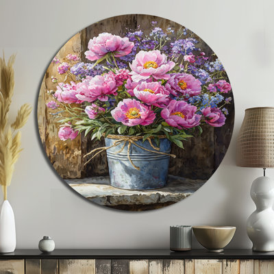 Barnyard Wildflowerand Poppies Flowers I - pivoines, art mural rond en métal pour le salon