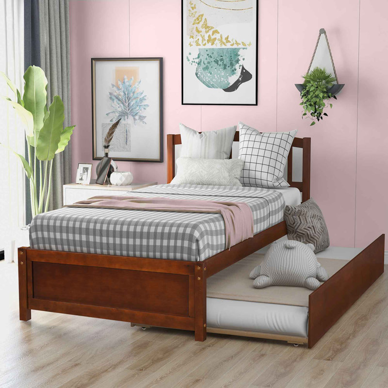 Structure de lit simple avec lit gigogne Antanasia, Noyer