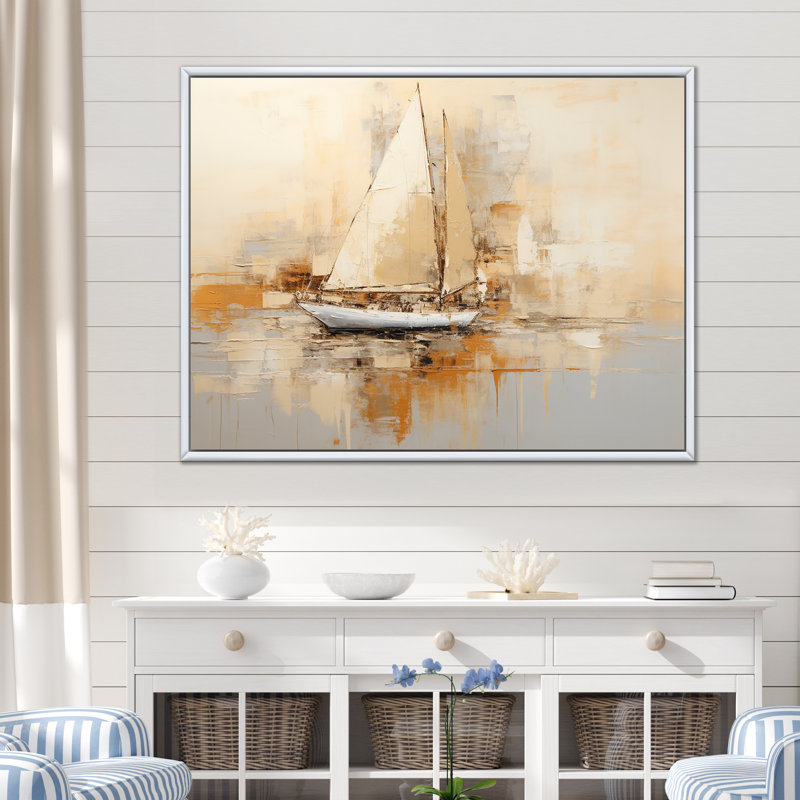 Voilier sur la mer, impression sur toile, Cadre flottant blanc, H 12 po x l 20 po