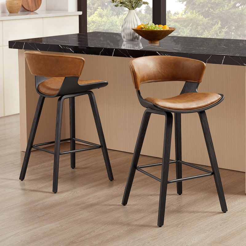Binni PU 26.97" PU Upholstered Counter Bar Stool with Wood Frame, Brown Performance Faux Leather, Black