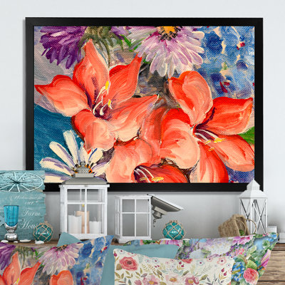 Fleurs rouges, roses et bleues - œuvres d'art traditionnelles sur toile
