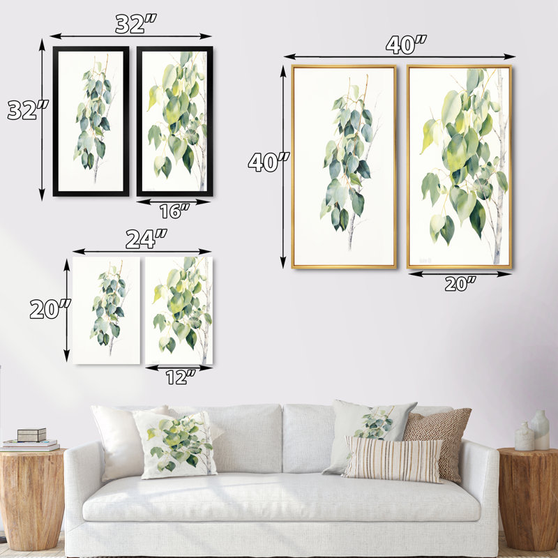 «Green White Minimalisme Eucalyptus Essence» 2 - pièces sur toile, Cadre blanc, H 32 po x l 32 po