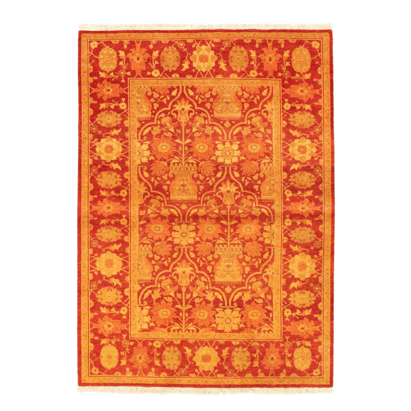 Tapis décoratif en laine noué à la main de conception unique noué à la main new age de style persan 18/20 rouge 4 pi 2 po x 5 pi 10 po
