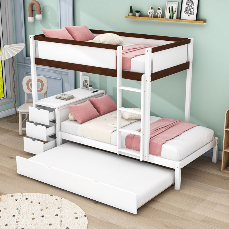 Kaleis Bunk Bed With Storage Drawers, Outlets, USB Ports And Safety Guardrails, Twin over Twin, White/Walnut