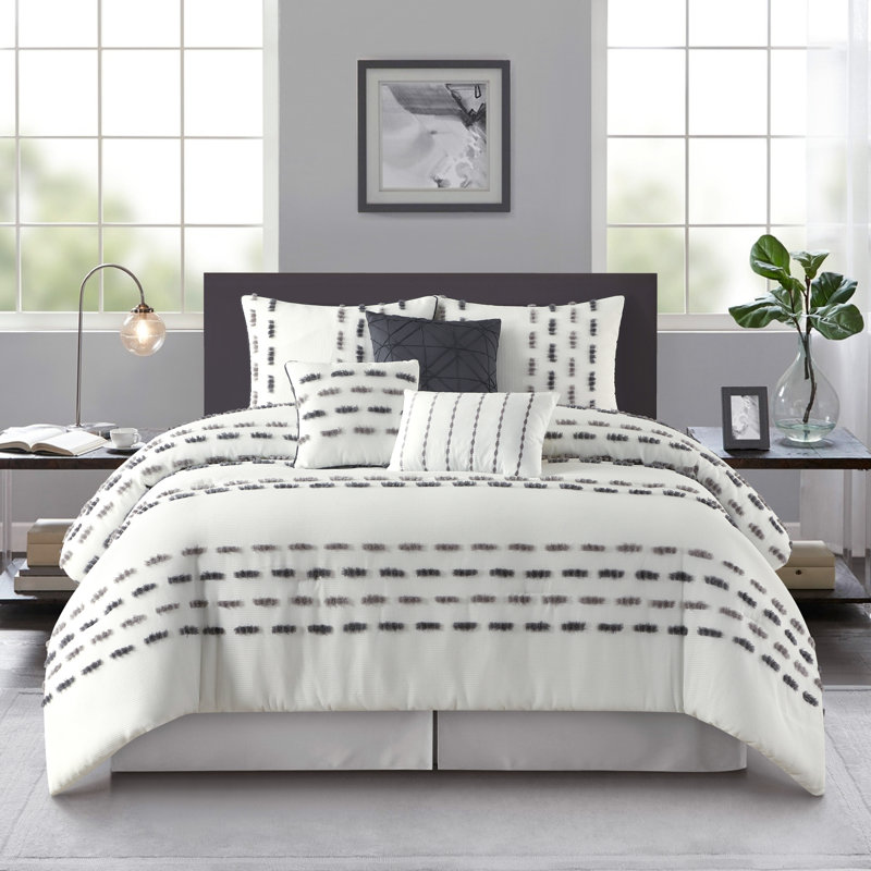 Ensemble d'édredon en polyester blanc / gris 7 pièces Crocus, Édredon de grande taille et 6 pièces supplément
