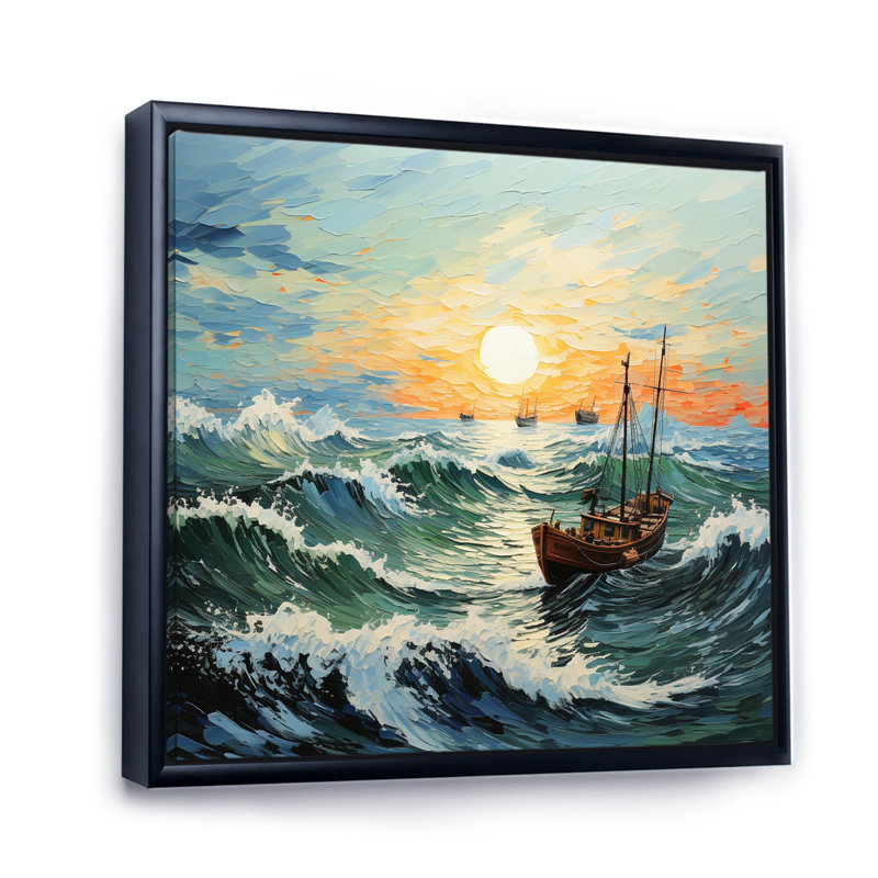Paysage marin de Vangogh avec pêche I, H 24 po x l 24 po x P 1 po, Cadre flottant noir