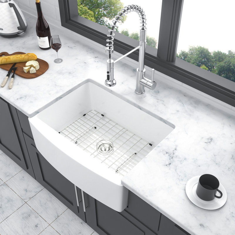 White Farmhouse Sink - 24 X 19 X 10 Inch White Kitchen Sink Ceramic Arch Edge Apron Front Single Bowl Farm Kitchen Sinks
