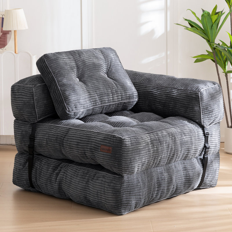 Méridienne convertible pliable en forme de L avec sac à billes, Gris foncé