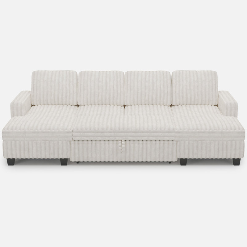 Faux Rabbit Fur Modular Sofa Couch With Pull-Out Bed, Beige Faux Fur
