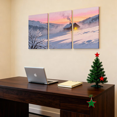 Paysage hivernal avec montagnes enneigées et chalet, reproduction d'art sur toile tendue sur toile, ensemble de 3