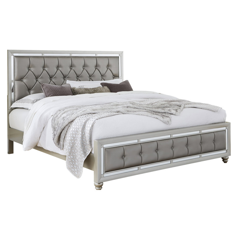 Silver Grey Modern Queen Bed Featuring Detail, Bun Feet, Padded Headboard, Low Profile , Solid Wood And Main Material, Upholstery, Support Slats Box Spring Requirement In Style With Construction,