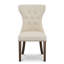 Ensemble de salle à manger rond 3 pièces en hévéa beige clair, tissu lin, avec table à pied centrale et chaises Parson capitonnées.