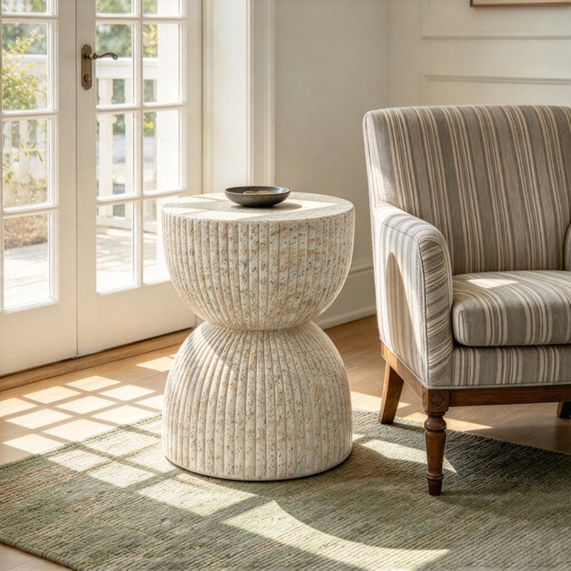 Table d'appoint d'extérieur en béton de 17,13 po de hauteur, table décorative en forme de sablier, tabouret de patio / de jardin au fini faux marbre ou table basse, aucun assemblage requis, conception nervurée.