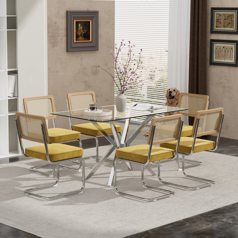 Rectangular Tempered Glass Dining Table Set With Luxury Velvet Rattan Back Upholstered Dining Chairs - Modern Contemporary Small Space Design