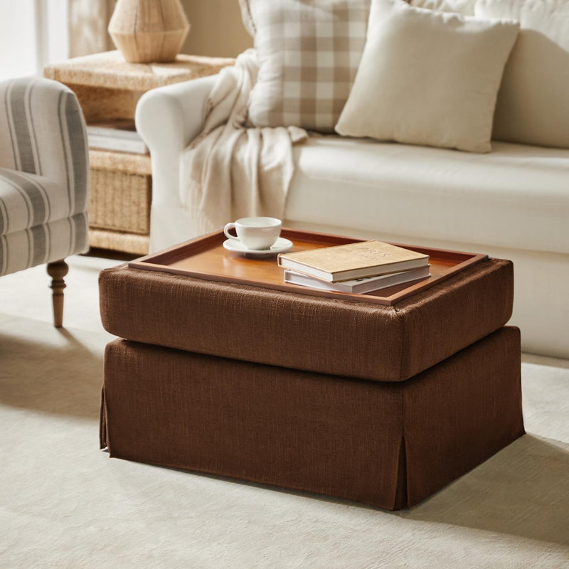 Repose-pieds rembourré avec rangement et plateau rabattable Lessman Farmhouse, Auburn Polyester Blend