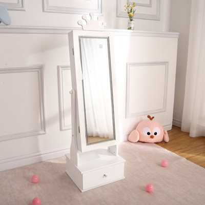 Armoire à bijoux pour enfants avec miroir pleine longueur et lumière DEL, 2 angles inclinables, 3 tiroirs, blanc