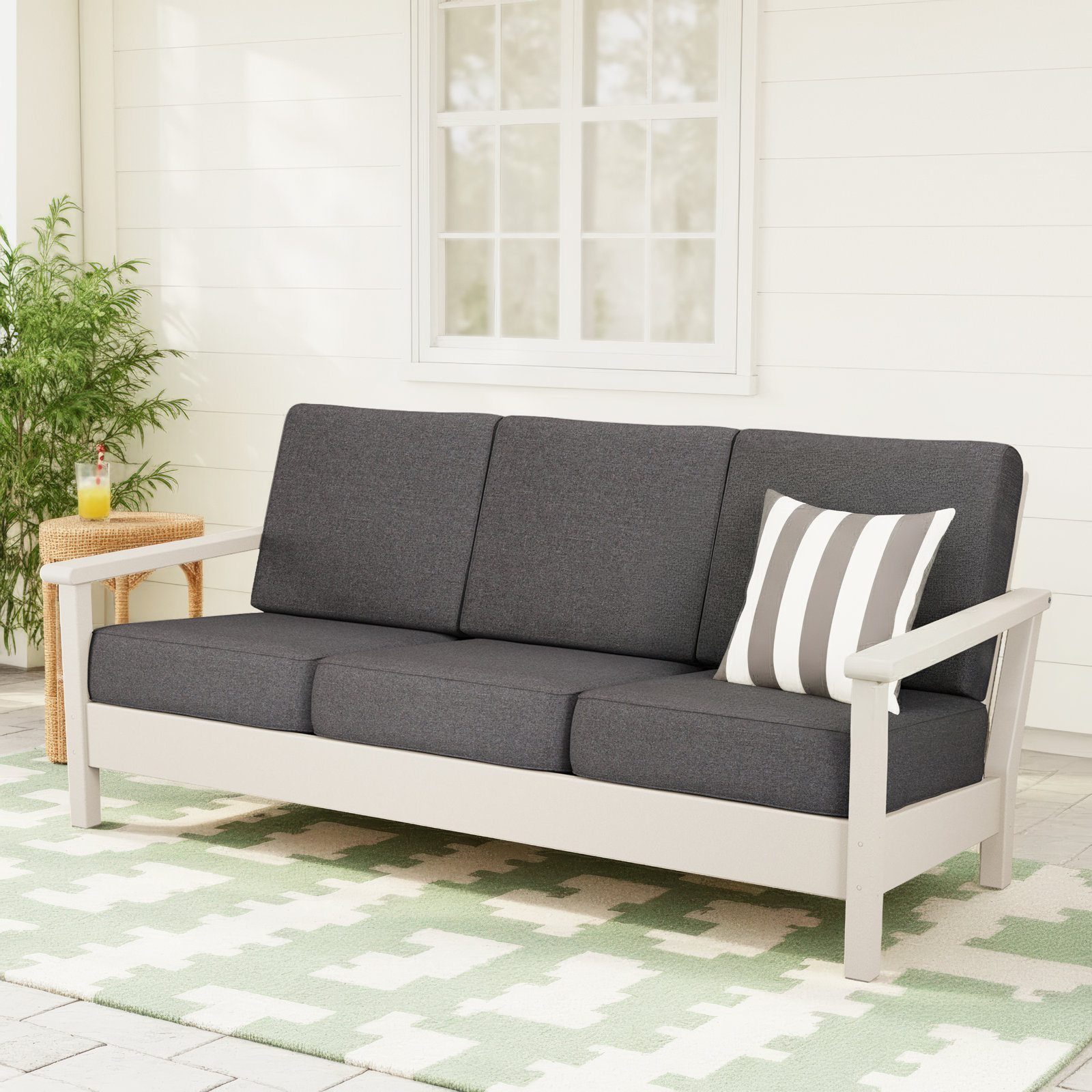 POLYWOOD® Harbour 75" Sunbrella® Patio Sofa, Ash Charcoal, Sand