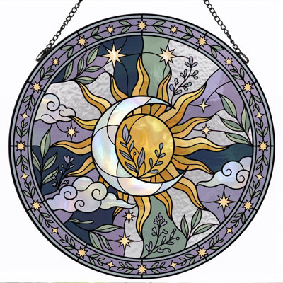 Sun Moon Stained Glass Window Panel，7.8H