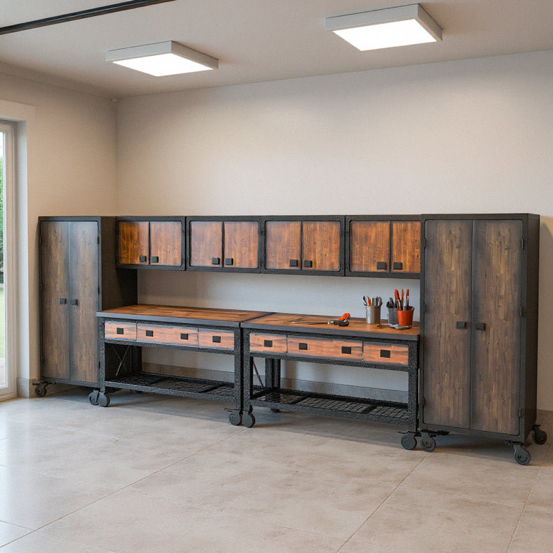 8-Piece Industrial Garage Storage Set with 2 72 in. Workbenches, 4 Wall Cabinets & 2 Freestanding Cabinets