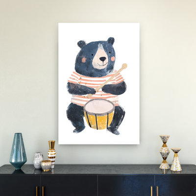 Happy Bear Drummer Contemporary Wall Art Print by Mathieu - Wrapped Canvas Print